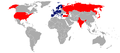 World map showing CERN members in blue and observers in red, as of 2008