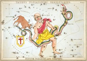 Serpens shown as a snake being held by Ophiuchus in Urania's Mirror.