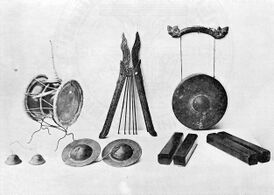 From upper left to lower right: bando, krap phuang, khong mong, ching, chap, and krap sepha (two instruments shown).