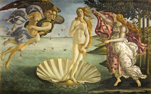 Large rectangular panel. At the centre, the Goddess Venus, with her thick golden hair curving around her is standing afloat in a large seashell. To the left, two Wind Gods blow her towards the shore where on the right Flora, the spirit of Spring, is about to drape her in a pink robe decorated with flowers. The figures are elongated and serene. The colours are delicate. Gold has been used to highlight the details.