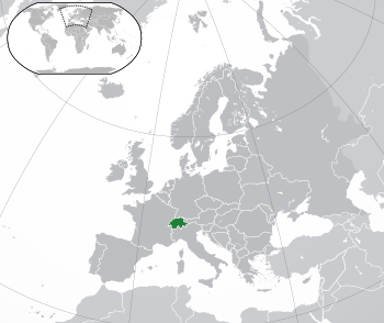 موقع  سويسرا  (green) on the European continent  (green and dark grey)
