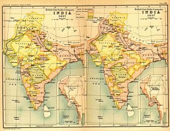 الهند عام 1837 و1857 أراضي شركة الهند الشرقية (بالقرمزي) والأراضي الأخرى.