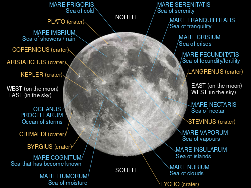 Lunar nearside with major Lakr and craters labeled