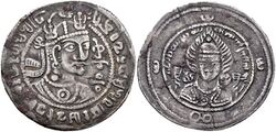 Sasanian-style trilingual coin of Tegin Shah towards the end of his reign. Iranian god Adur on the reverse. Obverse legend: "His Excellence, the Iltäbär of Khalaj, Worshipper of the highest God, His Excellence, the King, the divine Tegin […]".[106] Date in Pahlavi: 728 AD