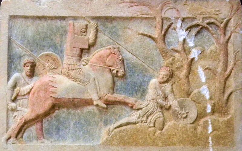 ملف:Altikulac Sarcophagus Dynast of Hellespontine Phrygia attacking a Greek psiloi early 4th century BCE.jpg