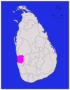 Area map of Gampaha District, extending inwards from the west by south west coast in a rough square shape, in the Western Province of Sri Lanka