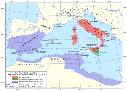 a map of the western Mediterranean region showing the territory and allies of Rome and Carthage in 218 BC