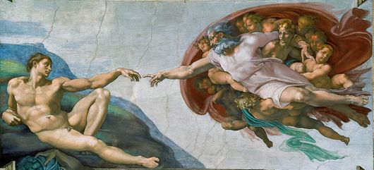 Rectangular fresco. God is in the act of creating the first man, who lies languidly on the ground, propped on one elbow, and reaching towards God. God, shown as a dynamic elderly man, is reaching his hand from Heaven to touch Adam and fill him with life.