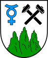 Mercury symbol, representing quicksilver mining, in the municipal coat of arms of Stahlberg, Rhineland-Palatinate, Germany.