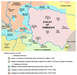 الوضع السياسي في 1699، بعد معاهدة كارلوڤجه:       Habsburg Empire       Ottoman Empire