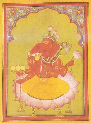 Attired in an orange dhoti, an elephant-headed man sits on a large lotus. His body is red in colour and he wears various golden necklaces and bracelets and a snake around his neck. On the three points of his crown, budding lotuses have been fixed. He holds in his two right hands the rosary (lower hand) and a cup filled with three modakas (round yellow sweets), a fourth modaka held by the curving trunk is just about to be tasted. In his two left hands, he holds a lotus in the upper hand and an axe in the lower one, with its handle leaning against his shoulder.