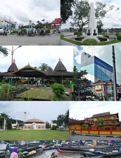 من أعلى، يسار إلى يمين: Kayu Tangi roundabout, Proclamation monument of South Kalimantan, Sultan Suriansyah tomb complex, Hotel G-Sign of Banjarmasin, Sabilal Muhtadin Great Mosque, Soetji Nurani (EYD: Suci Nurani) Temple, and Traditional Floating Market of Kuin River.