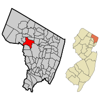 Map highlighting Ridgewood's location within Bergen County. Inset: Bergen County's location within New Jersey.