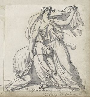 Niobe, in flowing garment, arm raise and face mournful, holding the collapsed body of her daughter across her thigh