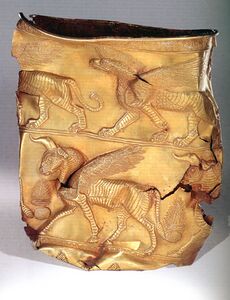 Golden Cup depicting Griffin and Pegasus. Excavated at Marlik, Gilan, Iran. First half of first millennium BC.