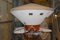 On Launch Pad 17-A at Cape Canaveral Air Force Station, the Phoenix Mars Lander waits for the fairing installation. Phoenix' sterilized heat shield is encapsulated in the white bio shield to prevent an infection of Earthly bacteria. The bio shield as well as surface bacteria are incinerated during the descent.