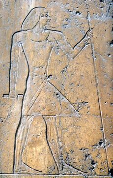 Relief on stone showing the profile of a man wearing a linen robe and holding a staff.
