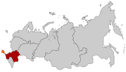 Map showing location of Russia's Southern Federal District, in southwestern Russia. (Crimea, whose annexation by Russia from Ukraine is mostly unrecognized internationally, is shown in orange.)