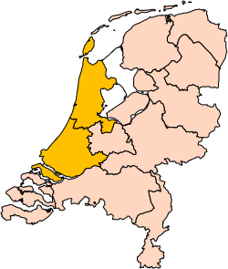 خريطة توضح موقع شمال وجنوب هولندا (بالبرتقالي) في هولندا.