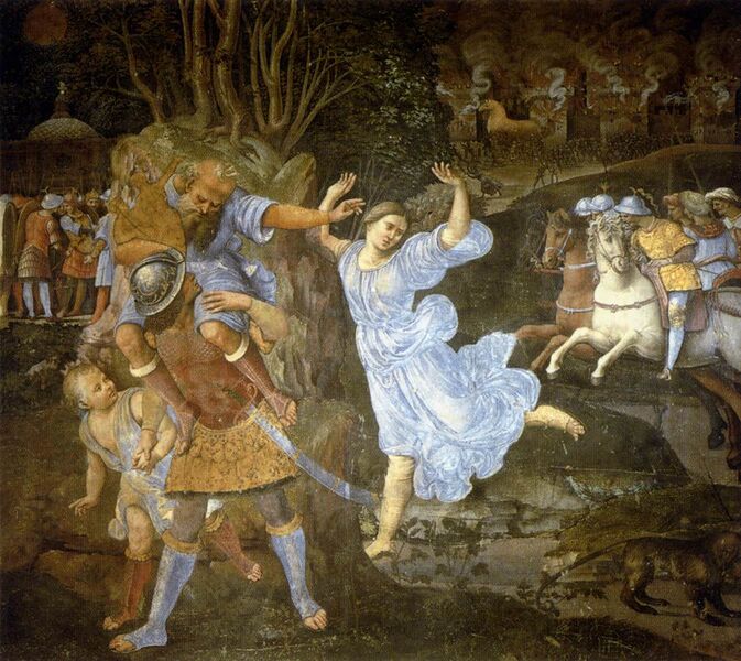 ملف:'Flight of Aeneas from Troy', fresco painting by Girolamo Genga, 1507-1510, Pinacoteca Nazionale, Siena.jpg