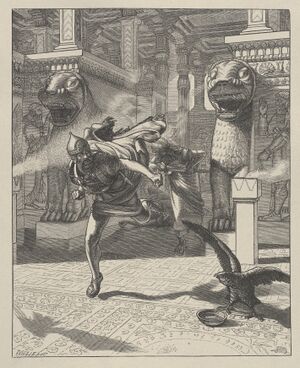 Illustration titled The Flight of Adrammelech depicting Arda-Mulissu and Nabu-shar-usur escaping after murdering Sennacherib.