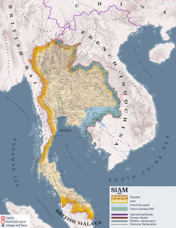 الحدود السياسية لمملكة سيام قبل Anglo-Siamese Treaty of 1909[ب]