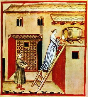 أخذ الخل من البرميل. رسم توضيحي من كتاب تقويم الصحة لابن بطلان (بغداد، القرن الحادي عشر) والذي نُشر في إيطاليا باسم Tacuinum Sanitatis في الرابع عشر