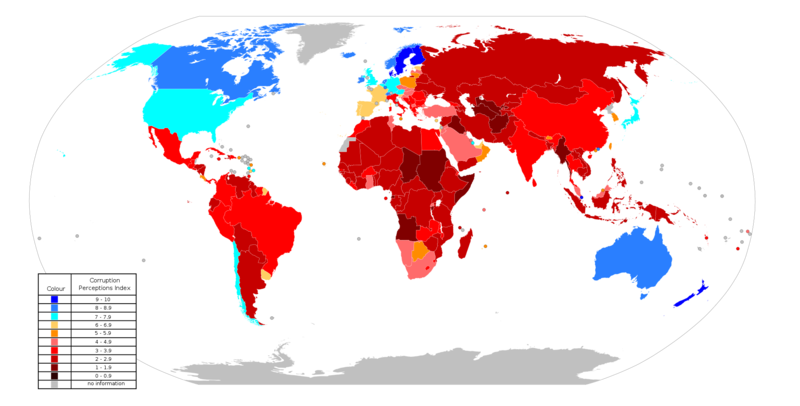 ملف:World Map Index of perception of corruption 2010.png