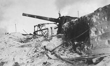 Destruction of one of the four Japanese 8-inch Vickers guns on Betio was caused by naval gunfire and air strikes.