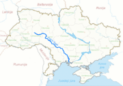 A map of the Southern Buh flowing through Ukraine (in Lithuanian).