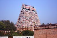 Gopuram of the Thillai Nataraja Temple, Chidambaram, Tamil Nadu, densely packed with rows of painted statues