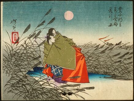 Narihira and Nijō no Tsubone at the Fuji River, woodblock print by Yoshitoshi, 1882