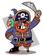 Man with red beard in pirate costume holding a sword.