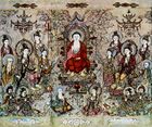 A landscape-oriented painting showing a Buddha in red robes, seated in a throne, surrounded by sixteen adult figures and one baby. With the exception of the baby, all of the figures, including the Buddha, have blue halos.