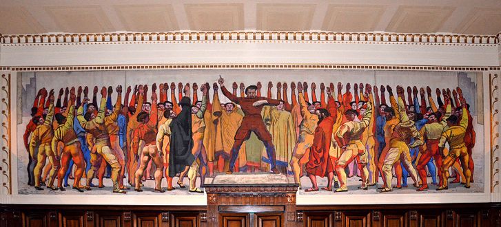 "حلف اليمين"، لوحة جدارية رسمها فرديناند هودلر بتكليف من عمدة مدينة هانوڤر، ألمانيا، لتوضع في مدخل مبنى البلدية الجديد، 1911.