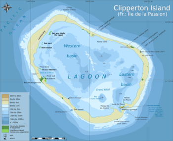 Clipperton Atoll with enclosed lagoon with depths (meters)