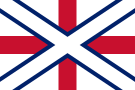 One early proposal for the Union Jack, consisting of a white St Andrew's saltire with blue fimbriation superimposed over a red St George's cross on a field of white
