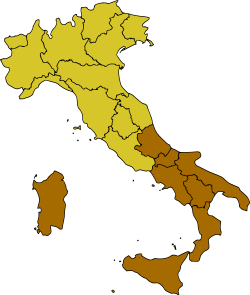 Map of Italy, highlighting southern Italy