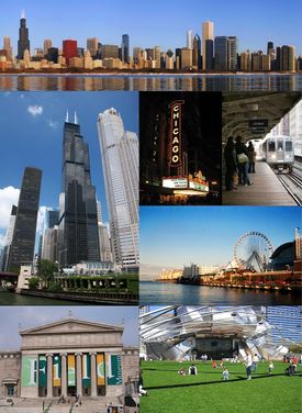 Clockwise from top: Downtown Chicago, the Chicago Theatre, the Chicago 'L', Navy Pier, Millennium Park, the Field Museum, and the Willis (formerly Sears) Tower