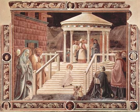 Freco. A scene in muted colours showing the porch of a temple, with a steep flight of steps. The Virgin Mary, as a small child and encouraged by her parents, is walking up the steps towards the High Priest.