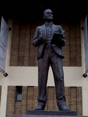 A bronze statue of the Spitfire designer Reginal Mitchell, which stands in Hanley, Stoke-on-Trent.