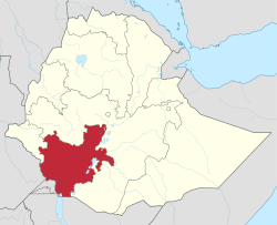 خريطة إثيوپيا موضح عليها موقع منطقة الأمم الجنوبية.