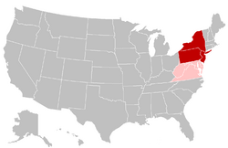 States in dark red are traditionally included in the Mid-Atlantic and Northeast regions, while states in pink are traditionally included in the Mid-Atlantic and Southeast regions.