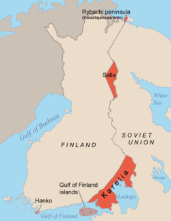 Drawing shows that the Finns ceded a small part of the Petsamo Kalastajansaarento, part of Salla in the Finnish Lapland, part of Karelia, islands of the Gulf of Finland and lease Hanko peninsula.