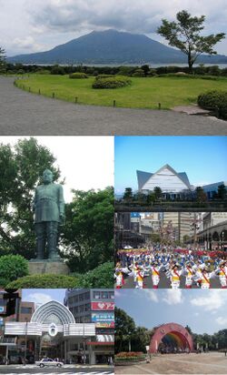 From top, left to right: Sengan-en Garden, Saigō Takamori statue, Kagoshima Aquarium, Ohara Festival, Tenmonkan, Hirakawa Zoological Park