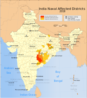 Naxal Left-wing violence or activity affected districts of India 2018.svg