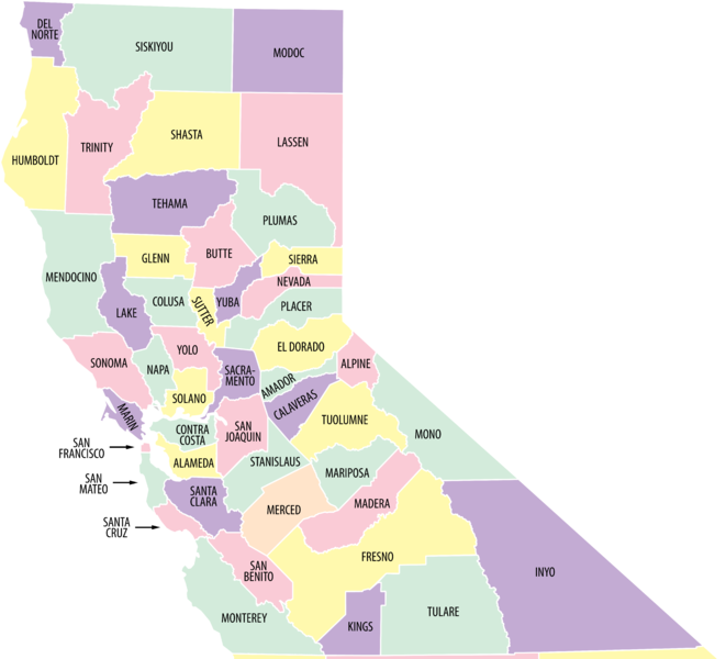 ملف:NorCal county map (labeled and colored).png
