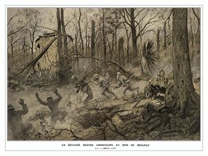 monochromatic artwork of Marines fighting Germans in a forest
