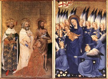صفحتا ويلتون (1395–1399). مريم العذراء كانت تـُرسم تقليدياً باللون الأزرق (القرن 14)
