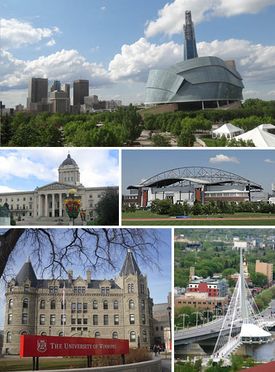 Clockwise from top: Downtown featuring the Canadian Museum for Human Rights, IG Field, Saint Boniface and the Esplanade Riel bridge, Wesley Hall at the University of Winnipeg, Manitoba Legislative Building.